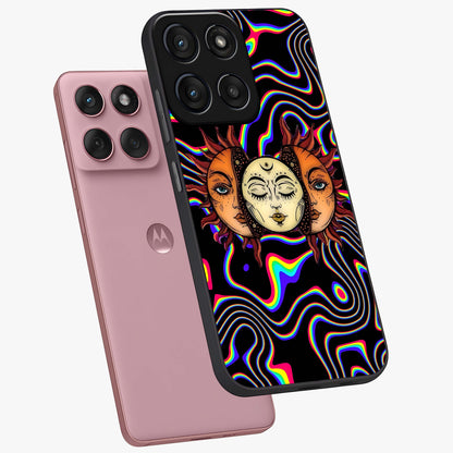 Psychedelic Sun Glass Case displayed in angled mockup highlighting vibrant abstract sun design with artistic aesthetic style.