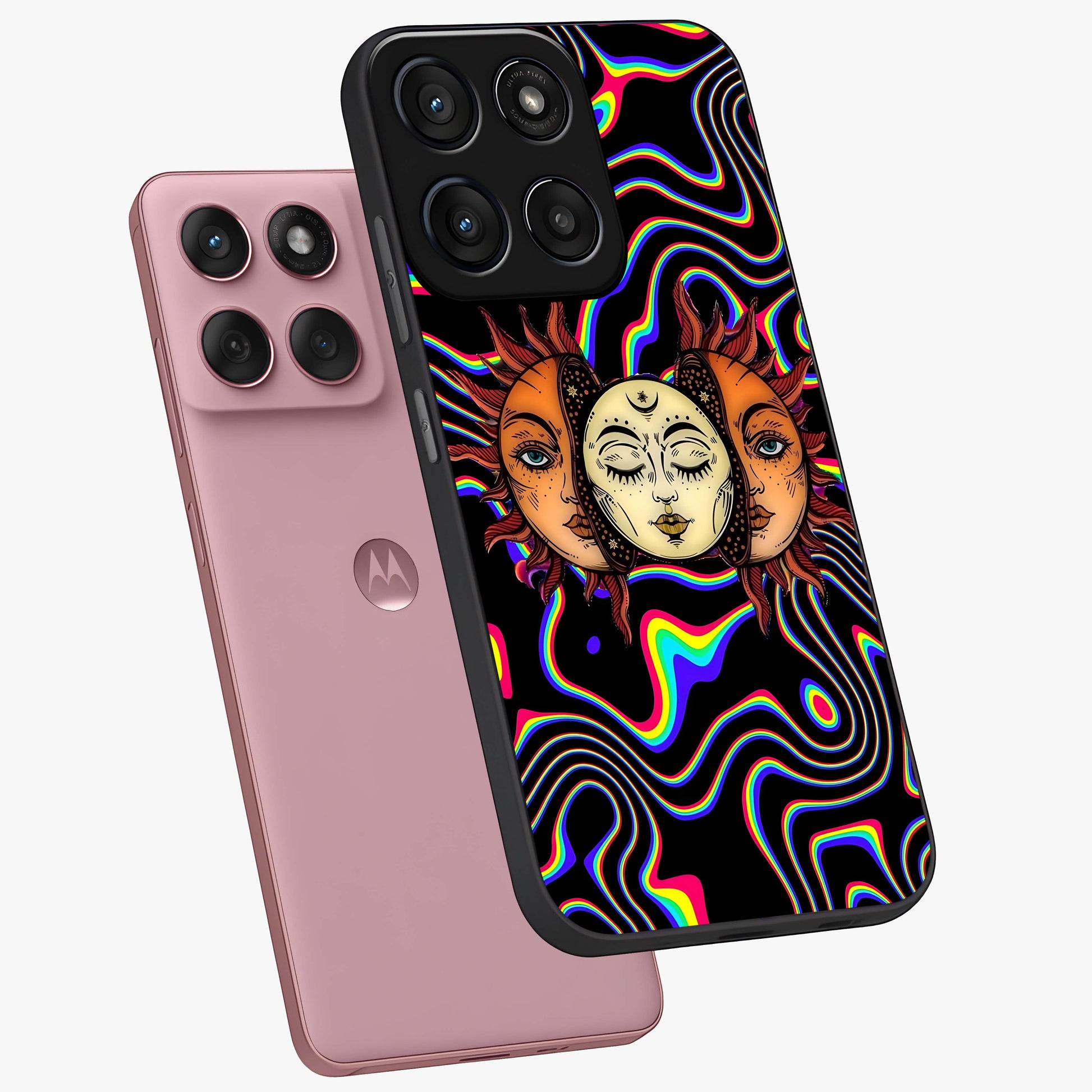 Psychedelic Sun Glass Case displayed in angled mockup highlighting vibrant abstract sun design with artistic aesthetic style.