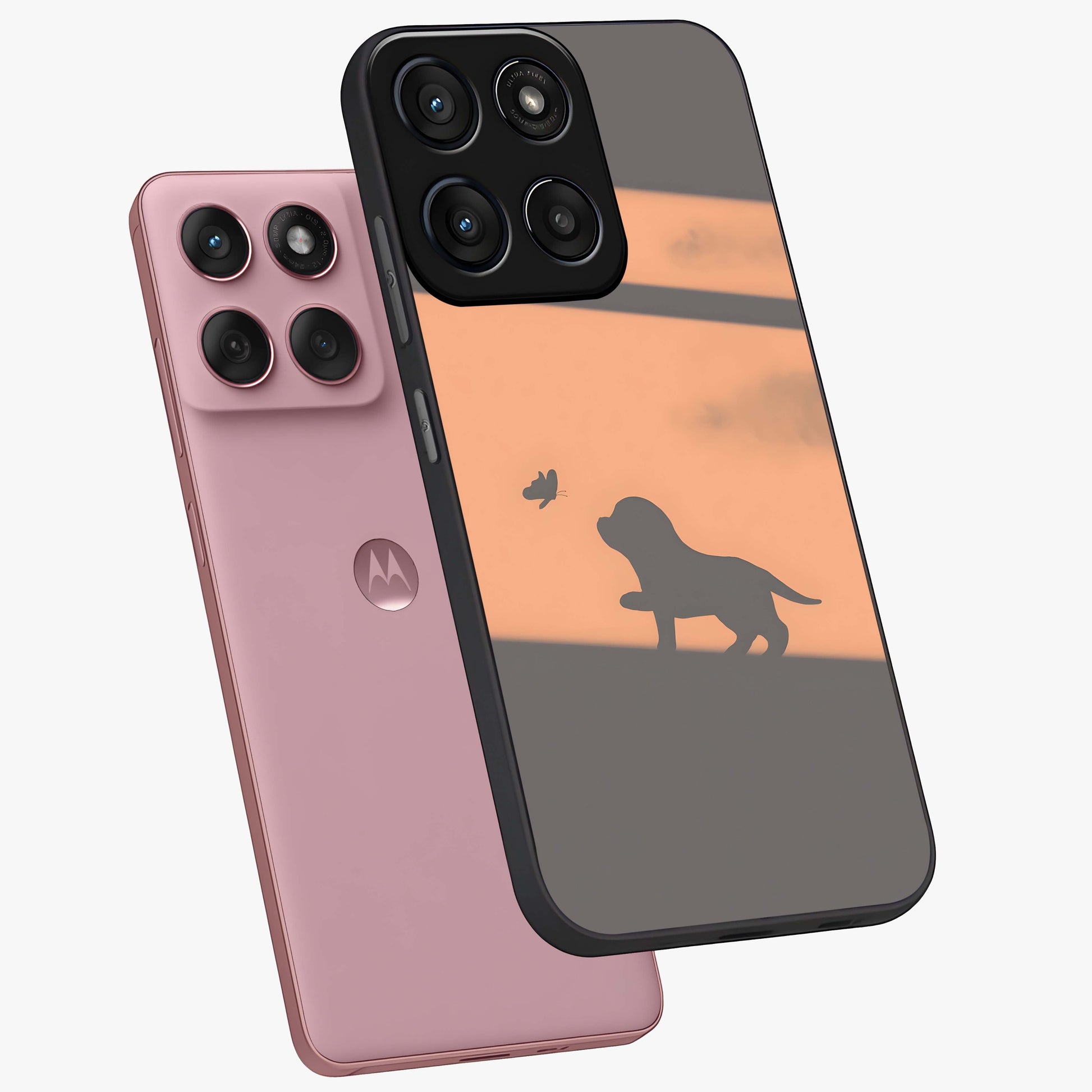 Puppy Shadow Art Glass Case displayed in angled mockup highlighting playful dog illustration with artistic shadow aesthetic.