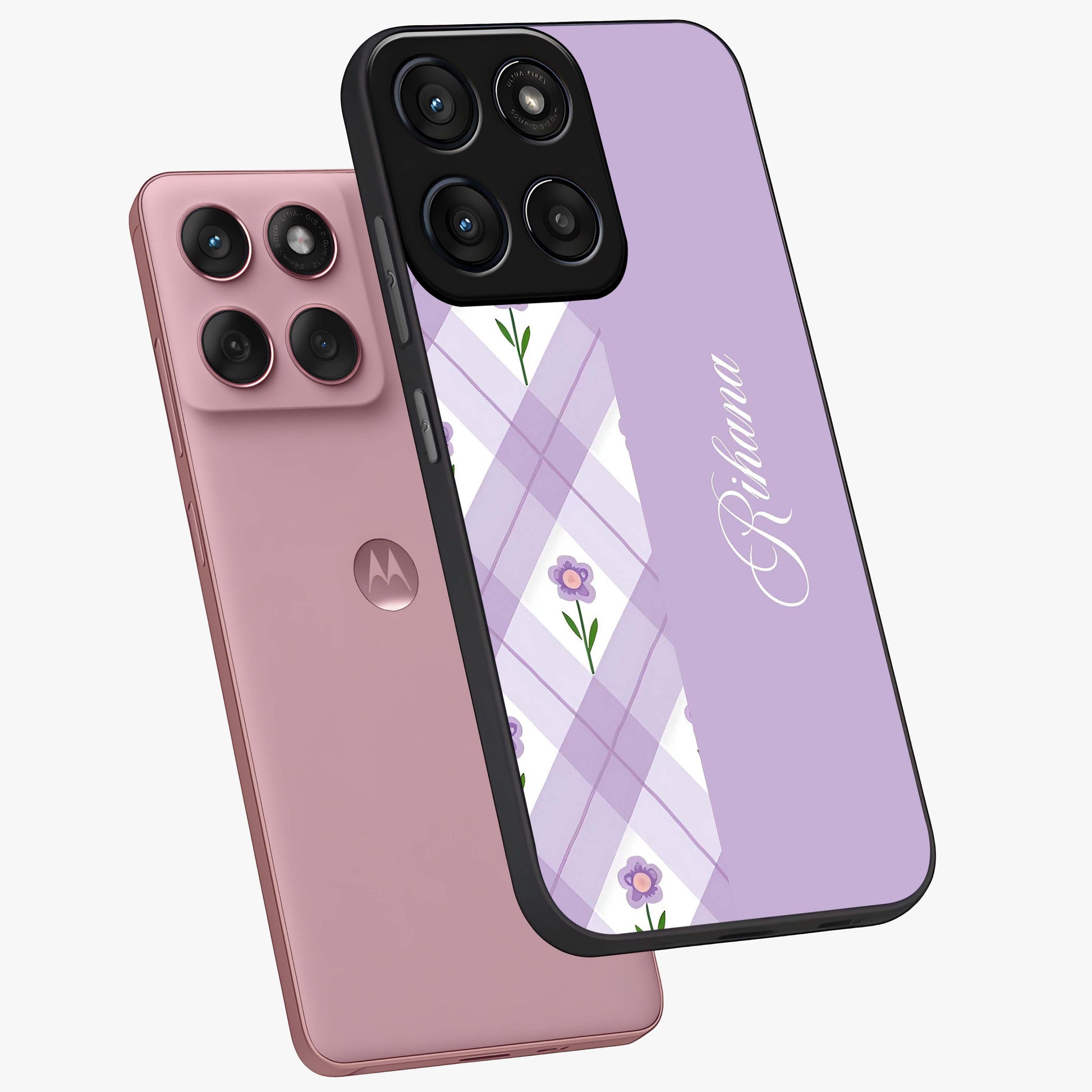 Purple Diamond Floral Glass Case displayed in angled mockup highlighting elegant purple flower design with decorative pattern.