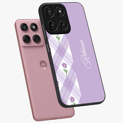 Purple Diamond Floral Glass Case displayed in angled mockup highlighting elegant purple flower design with decorative pattern.