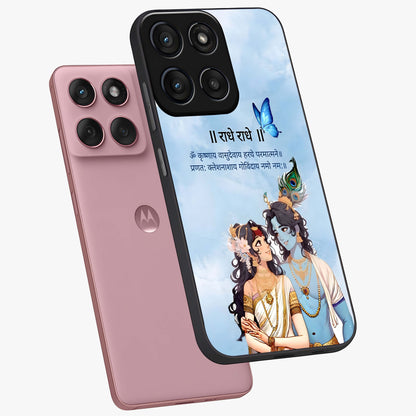 Radha Krishna Eternal Glass Case displayed in angled mockup highlighting divine Radha Krishna illustration with spiritual aesthetic.
