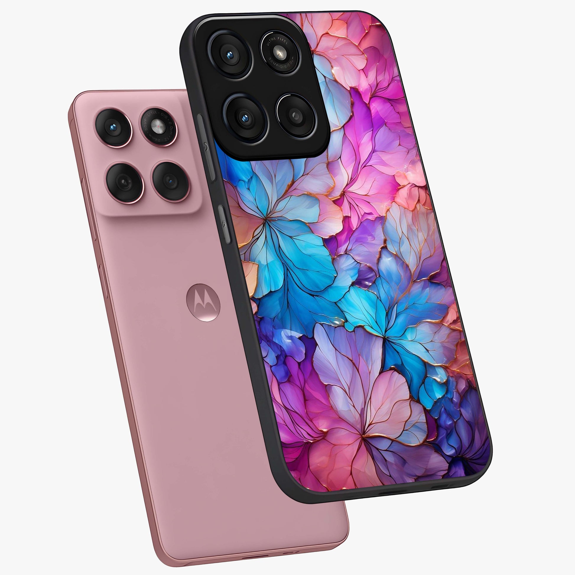 Radiant Floral Whirl Glass Case displayed in angled mockup highlighting vibrant flower pattern with dynamic artistic aesthetic.