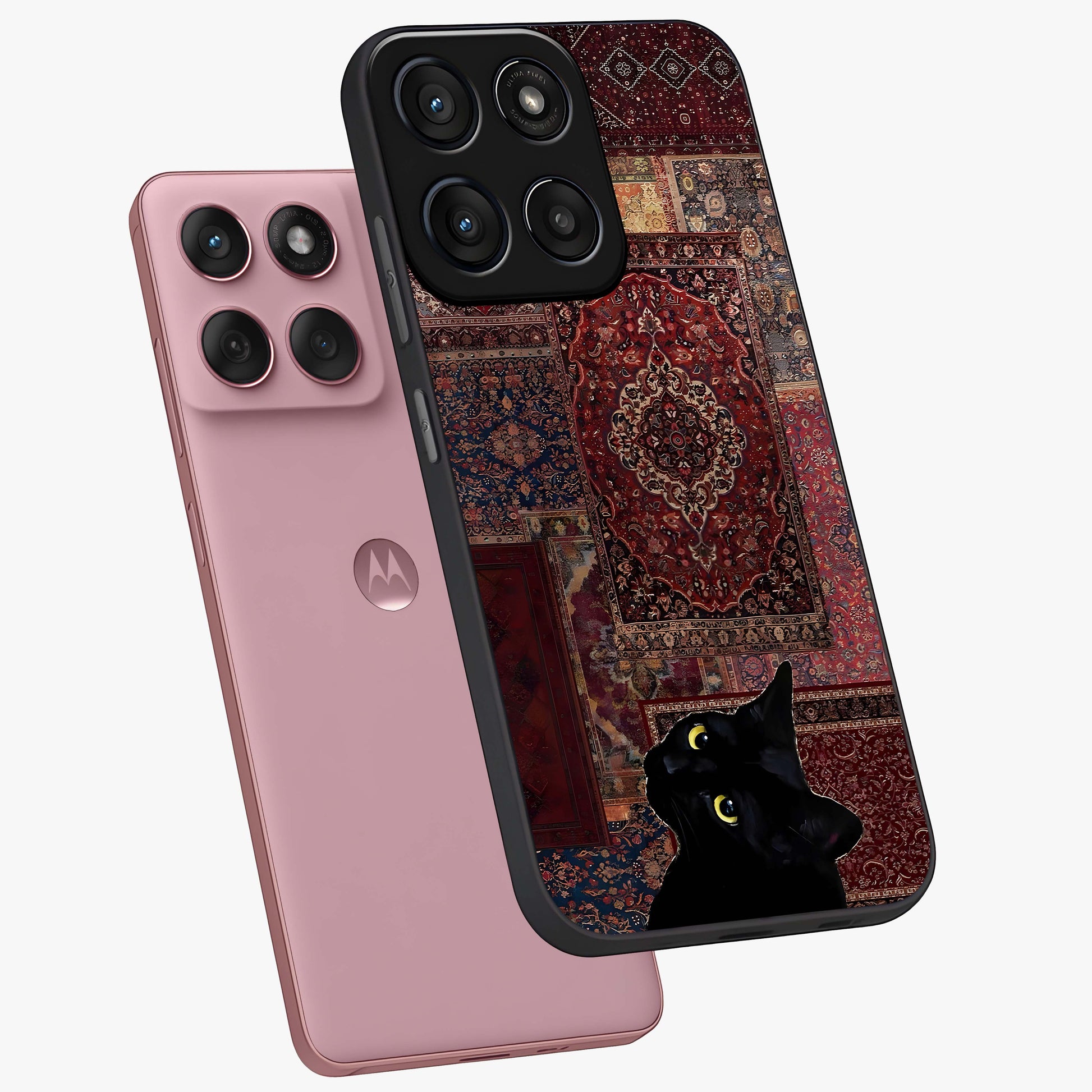 Regal Magic Cat Apple Glass Case displayed in angled mockup highlighting whimsical feline design with fantasy aesthetic.