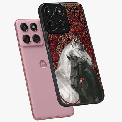 Regal Stallion Tapestry Glass Case displayed in angled mockup highlighting royal stallion design with decorative heritage aesthetic.