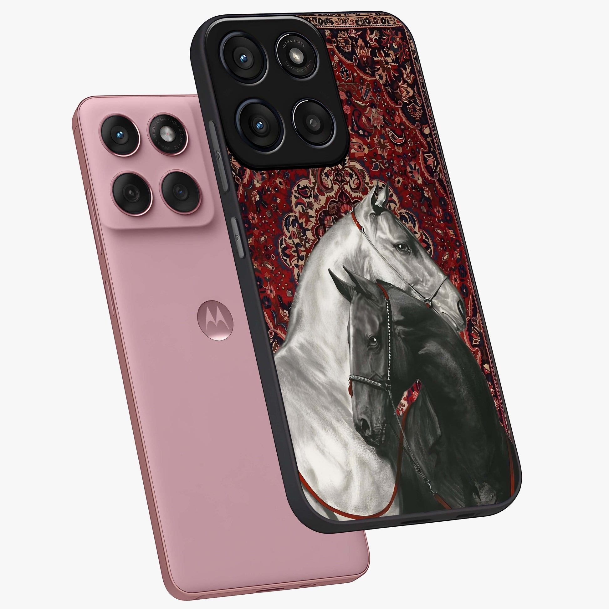 Regal Stallion Tapestry Glass Case displayed in angled mockup highlighting royal stallion design with decorative heritage aesthetic.