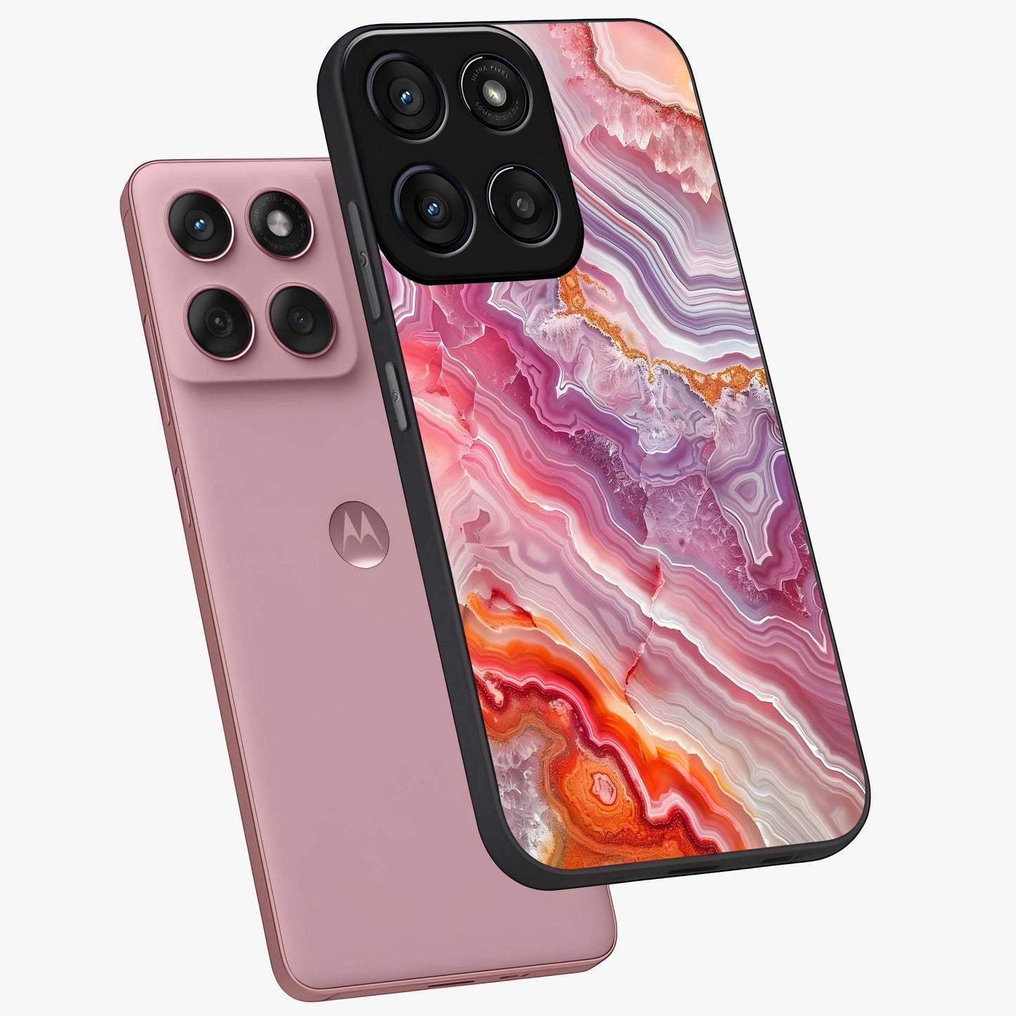 Rose Quartz Marble Glass Case displayed in angled mockup highlighting elegant marble pattern with soft aesthetic style.