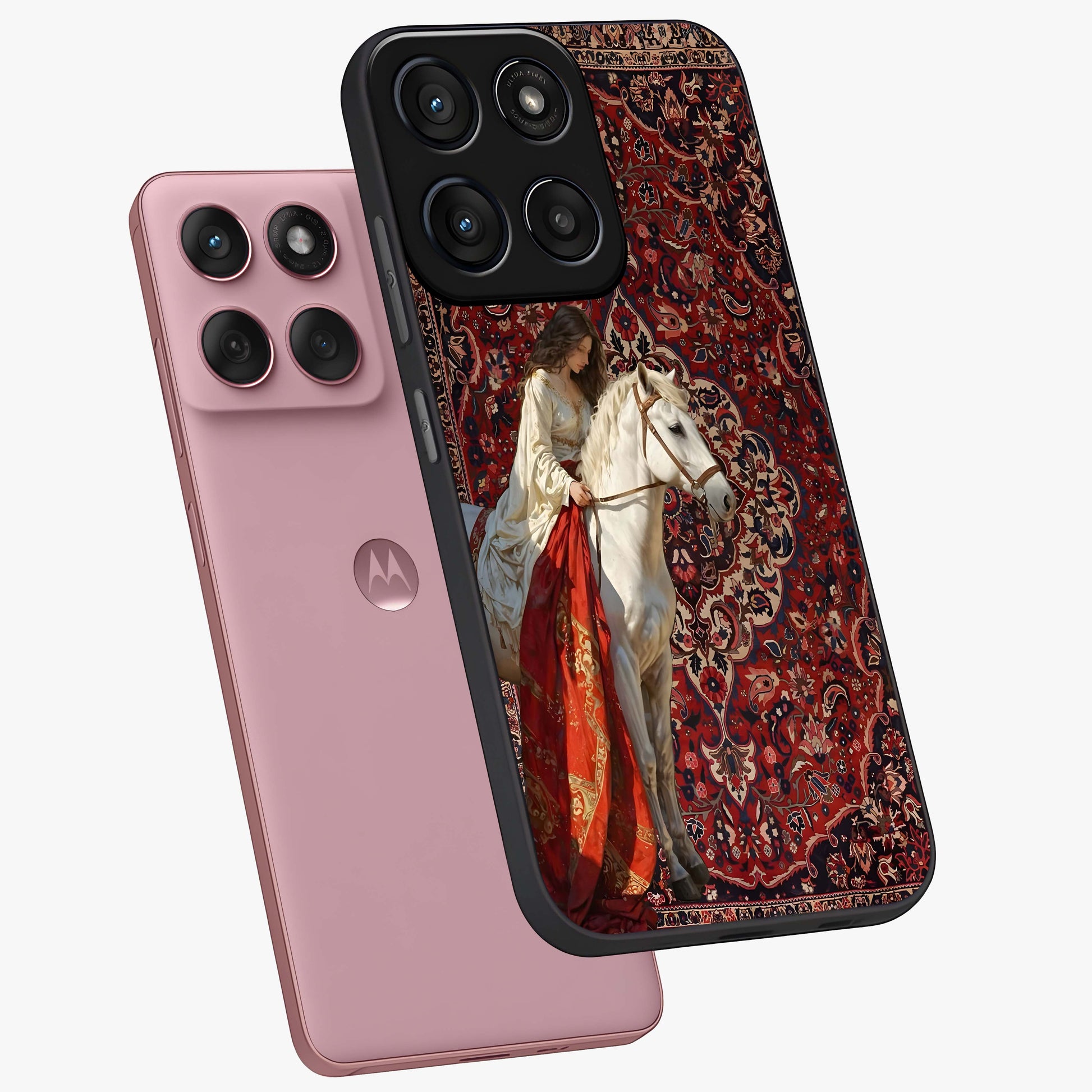 Royal Rider Tapestry Glass Case displayed in angled mockup highlighting traditional tapestry design with royal heritage aesthetic.