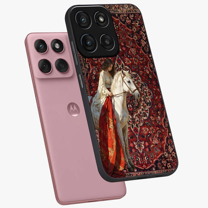 Royal Rider Tapestry Glass Case displayed in angled mockup highlighting traditional tapestry design with royal heritage aesthetic.