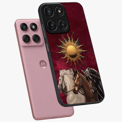 Solar Riders Glass Case displayed in angled mockup highlighting powerful rider illustration with radiant solar aesthetic.