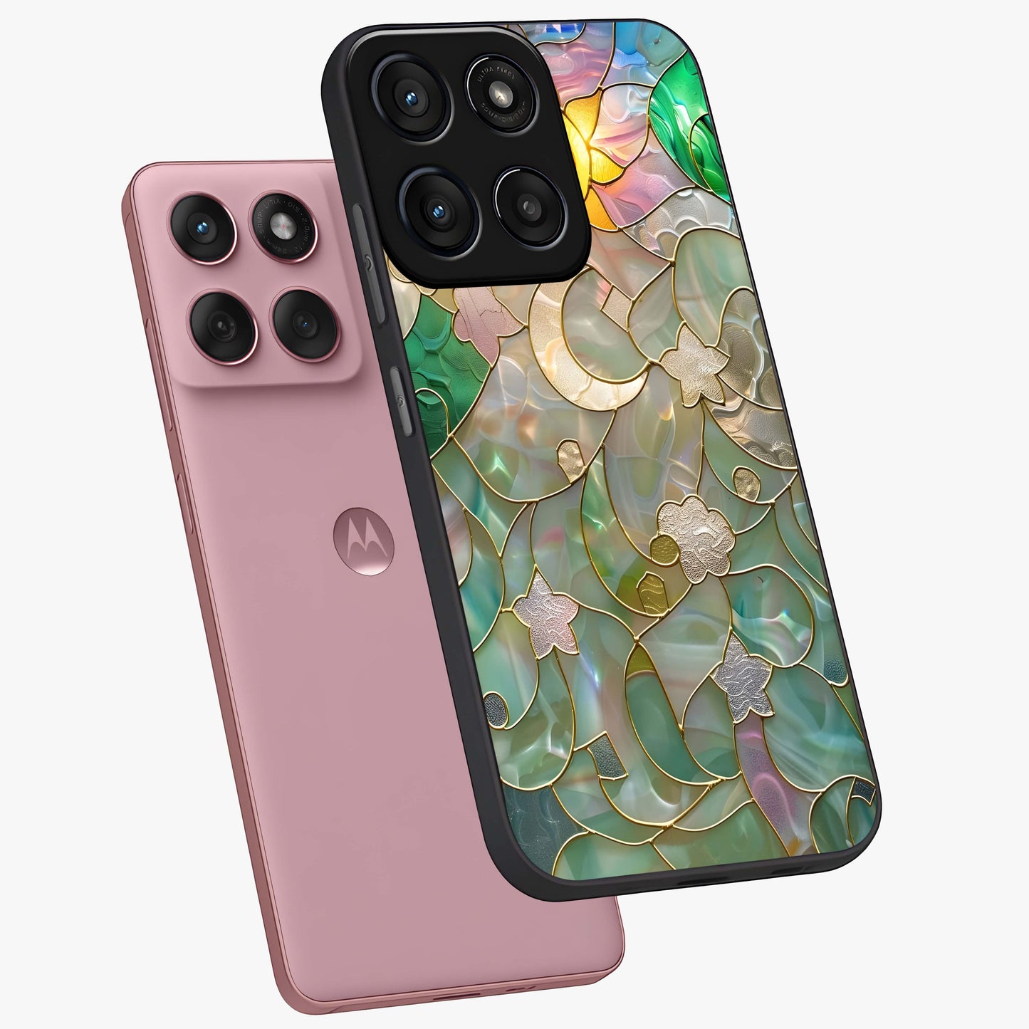 Stained Sunrise Glow Glass Case displayed in angled mockup highlighting radiant sunrise design with artistic aesthetic style.