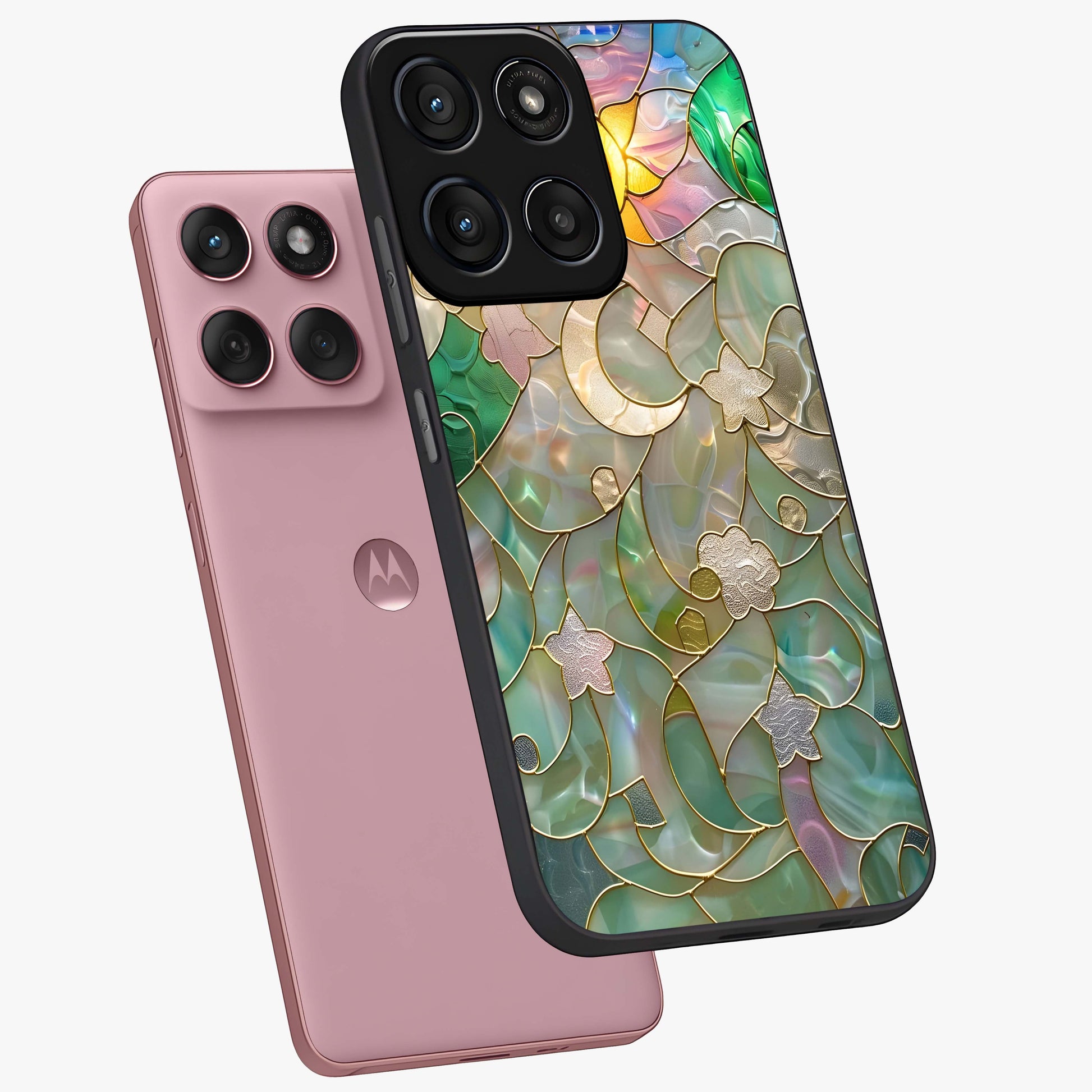 Stained Sunrise Glow Glass Case displayed in angled mockup highlighting radiant sunrise design with artistic aesthetic style.