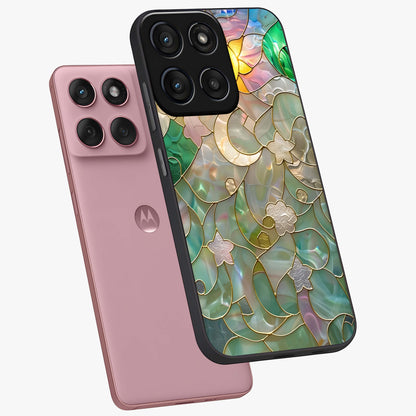 Stained Sunrise Glow Glass Case displayed in angled mockup highlighting radiant sunrise design with artistic aesthetic style.