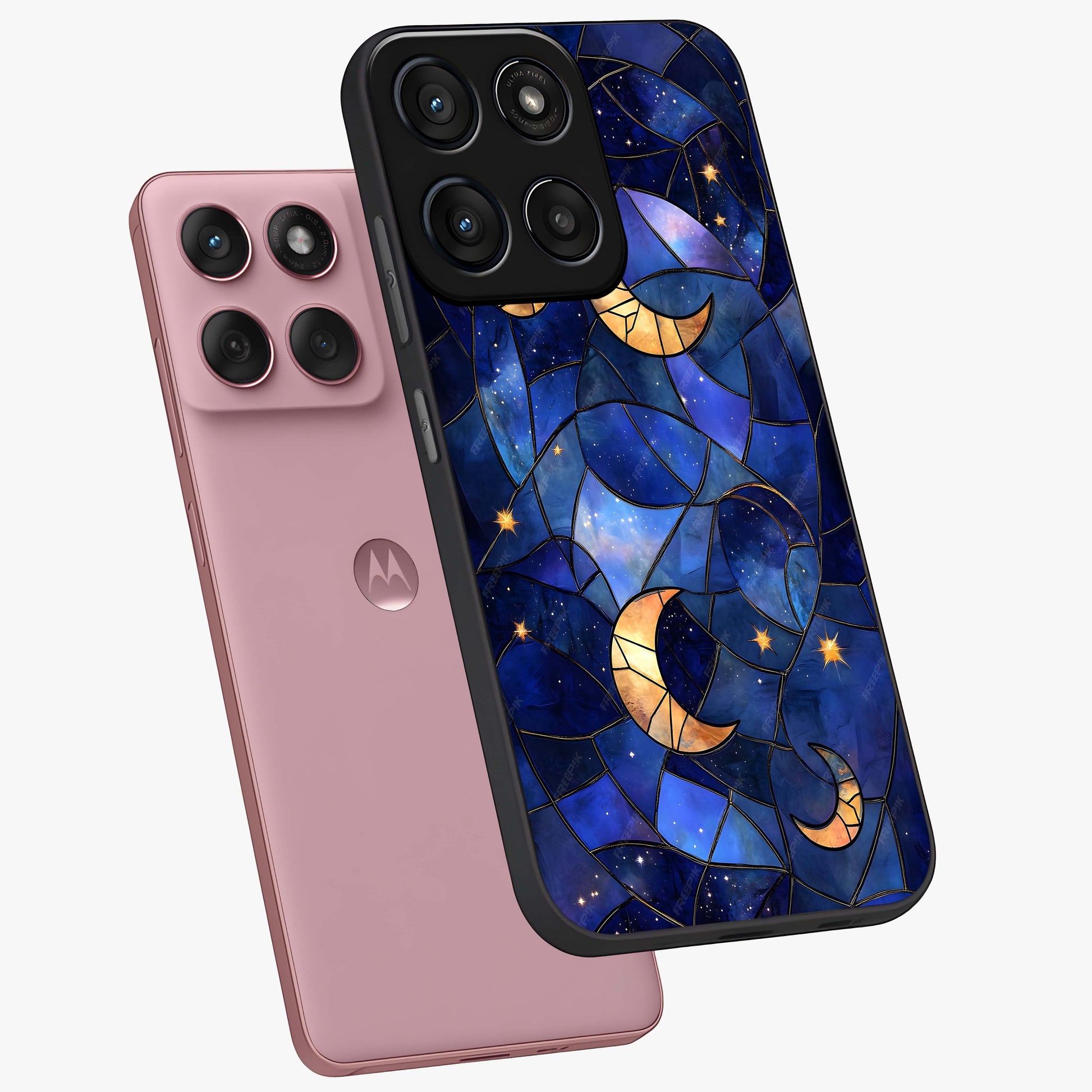 Starlit Sky Tapestry Glass Case displayed in angled mockup highlighting celestial night pattern with artistic aesthetic style.