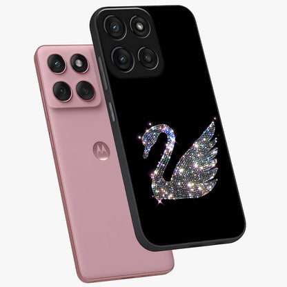 Starlit Swan Grace Glass Case displayed in angled mockup highlighting elegant swan illustration with dreamy celestial aesthetic.