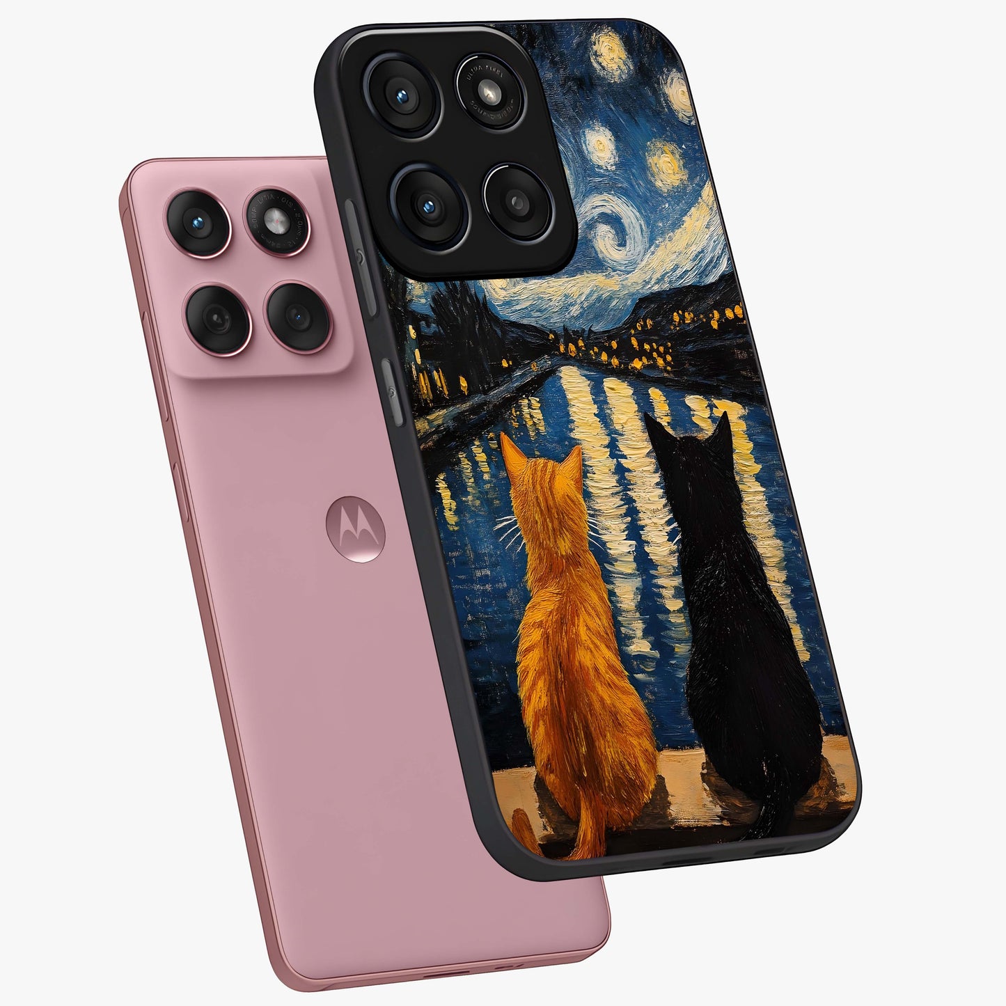 Starry River Cats Glass Case displayed in angled mockup highlighting charming feline illustration with dreamy night aesthetic.