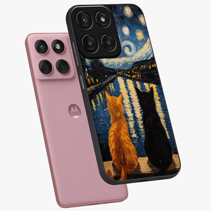 Starry River Cats Glass Case displayed in angled mockup highlighting charming feline illustration with dreamy night aesthetic.
