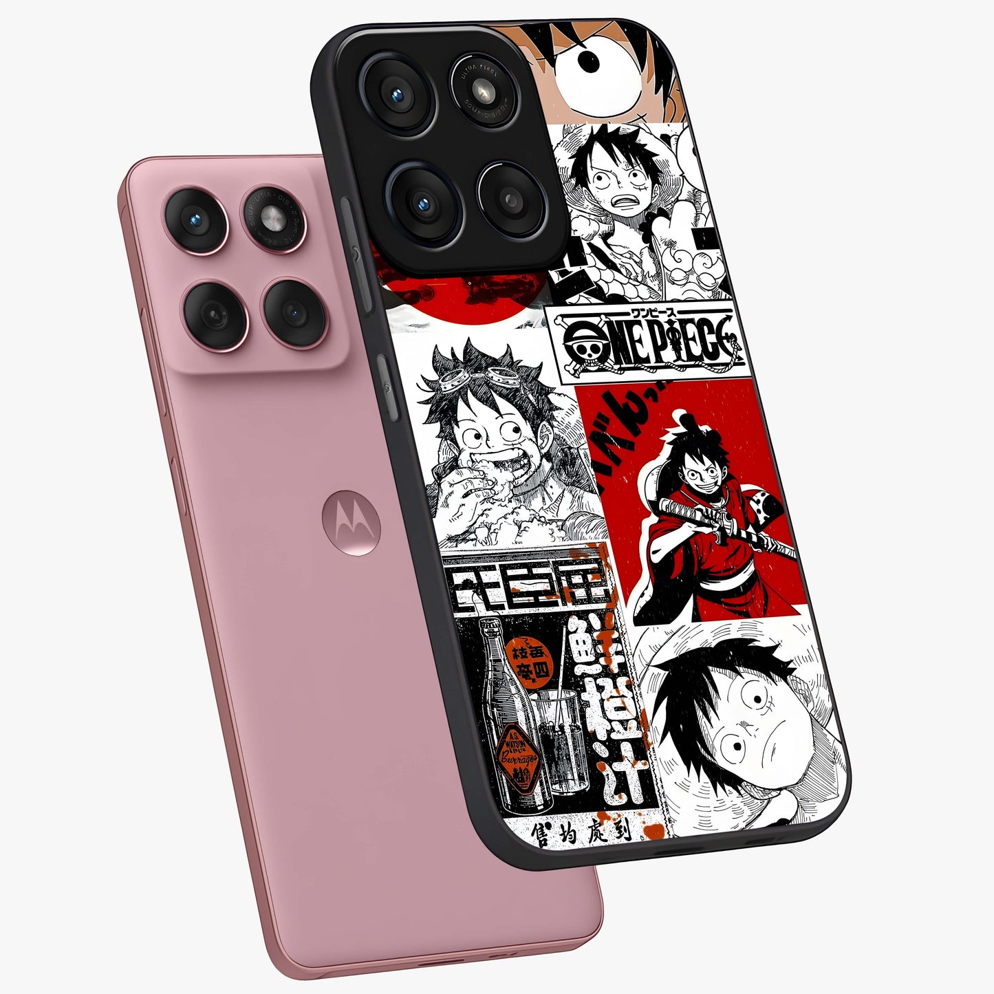 Strawhat Chaos Panels Glass Case displayed in angled mockup highlighting vibrant anime collage design with action aesthetic.