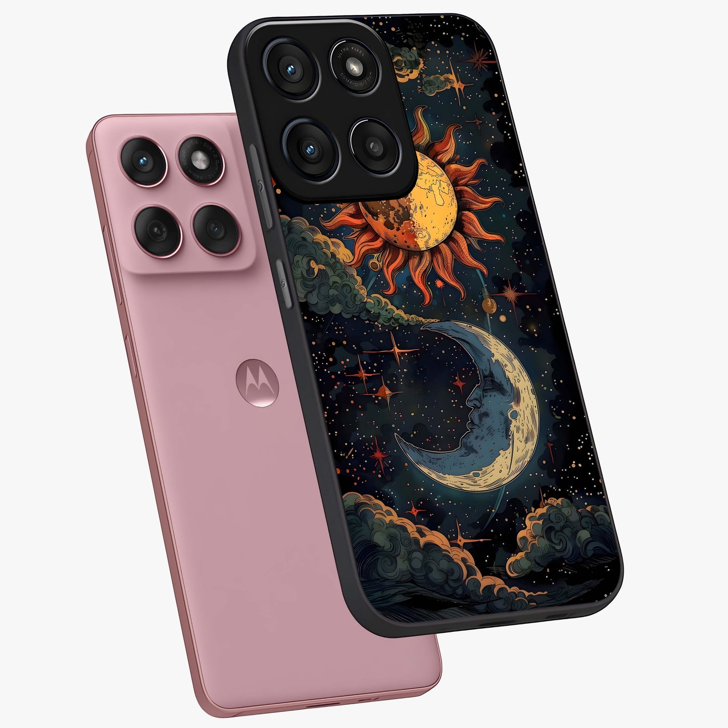 Sun And Moon Magic Design Glass Case displayed in angled mockup highlighting celestial design with magical cosmic aesthetic.