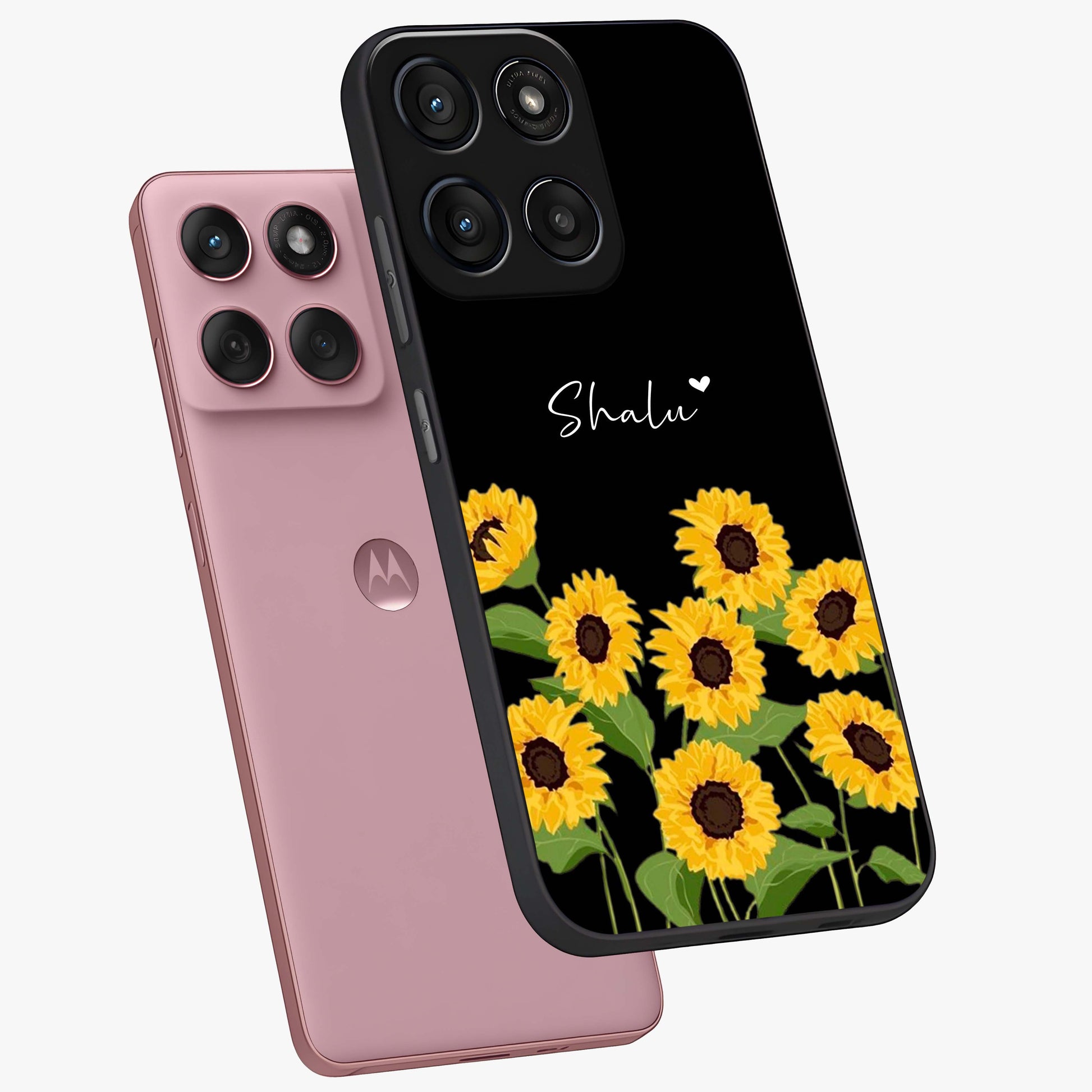 Sunflower Chic Mood Custom Name Glass Case displayed in angled mockup highlighting vibrant sunflower design with custom name feature.