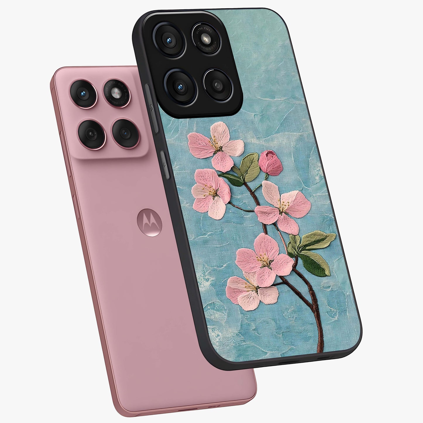 Threaded Blossom Breeze Glass Case displayed in angled mockup highlighting elegant floral design with soft aesthetic style.
