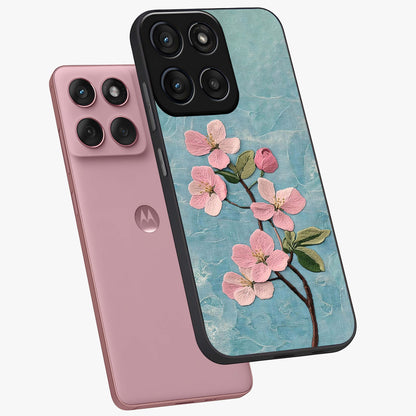 Threaded Blossom Breeze Glass Case displayed in angled mockup highlighting elegant floral design with soft aesthetic style.