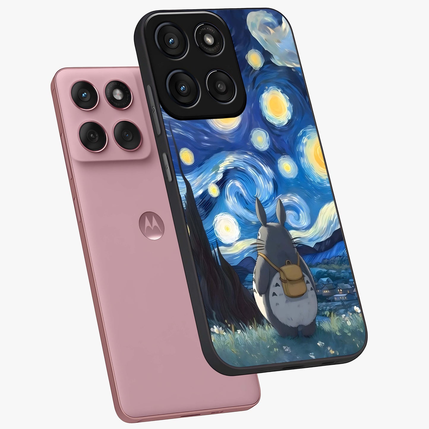 Totoro In Van Gogh Art Glass Case displayed in angled mockup highlighting artistic swirling sky design with playful animation aesthetic.
