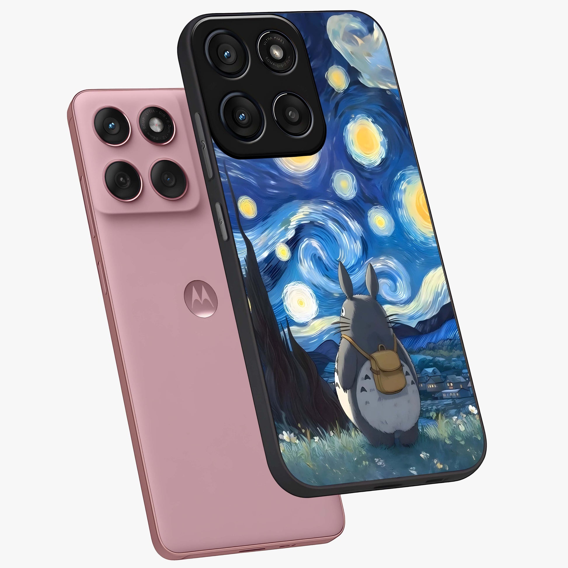 Totoro In Van Gogh Art Glass Case displayed in angled mockup highlighting artistic swirling sky design with playful animation aesthetic.