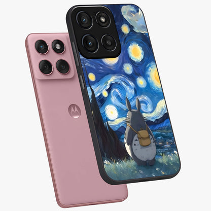 Totoro In Van Gogh Art Glass Case displayed in angled mockup highlighting artistic swirling sky design with playful animation aesthetic.