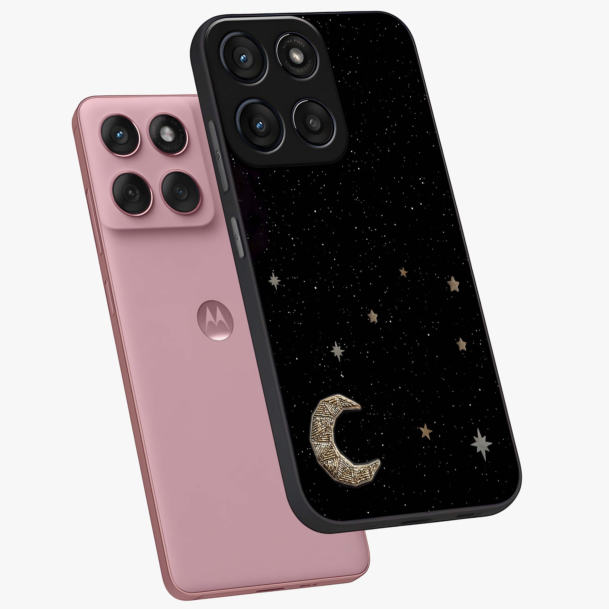 Twinkle Star With Half Moon Glass Case displayed in angled mockup highlighting celestial moon and star design with magical aesthetic.
