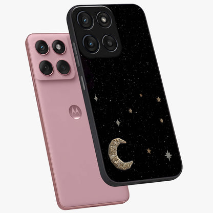 Twinkle Star With Half Moon Glass Case displayed in angled mockup highlighting celestial moon and star design with magical aesthetic.
