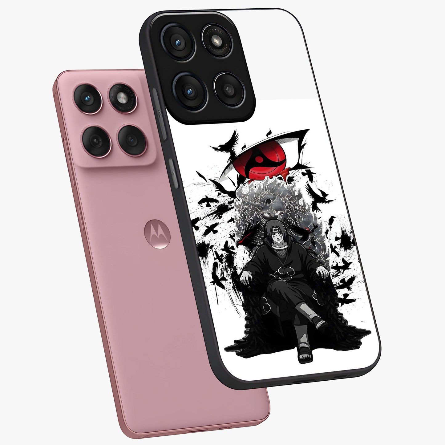 Uchiha Shadow Throne Glass Case displayed in angled mockup highlighting glowing aquatic design with celestial aesthetic.