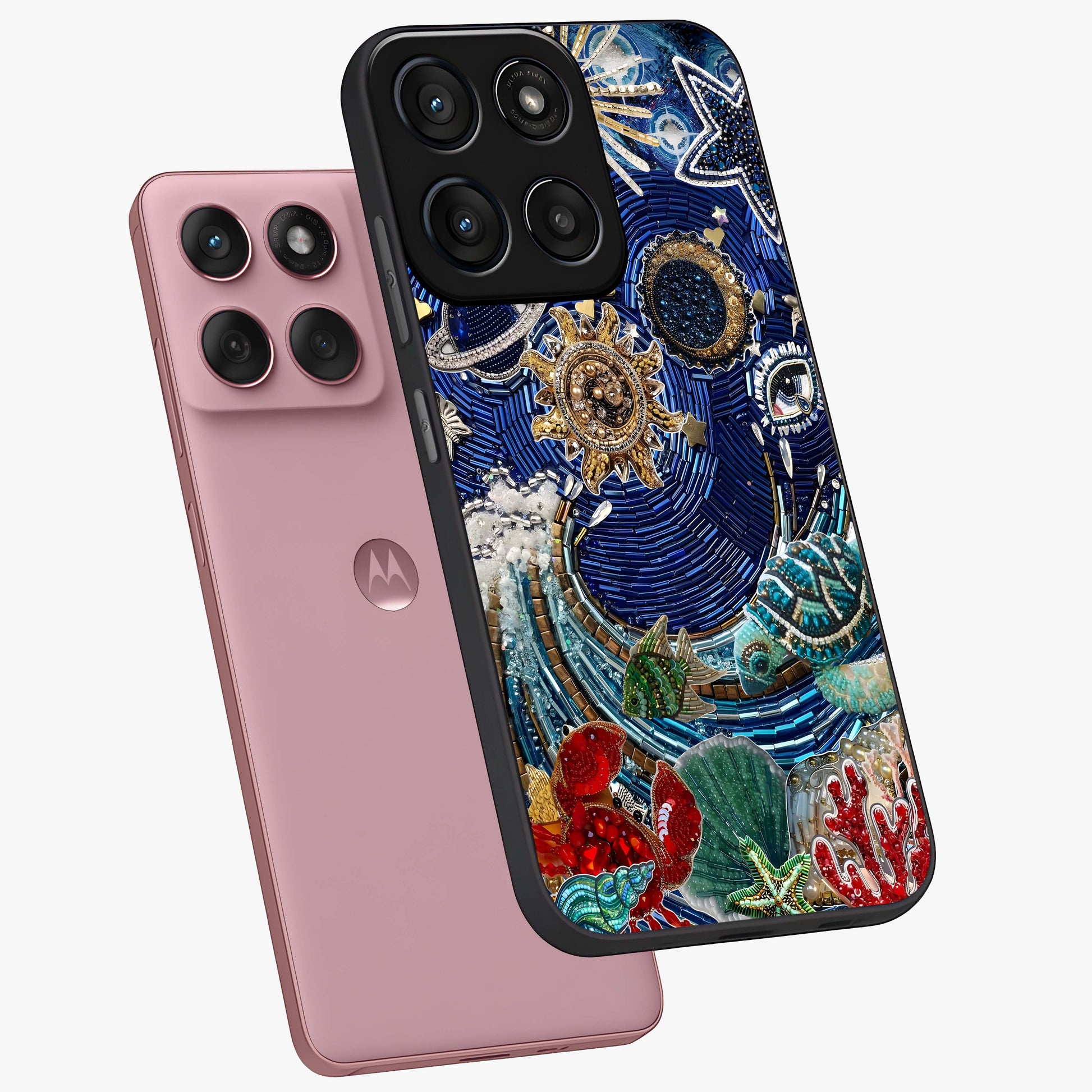 Universe Underwater Spark Glass Case displayed in angled mockup highlighting glowing aquatic design with celestial aesthetic.
