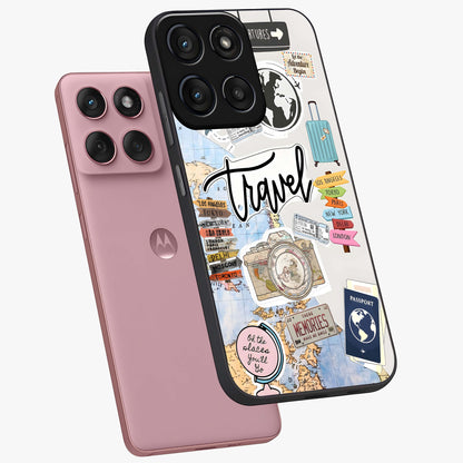 Wanderlust Journal Glass Case displayed in angled mockup highlighting adventure themed design with aesthetic travel vibe.
