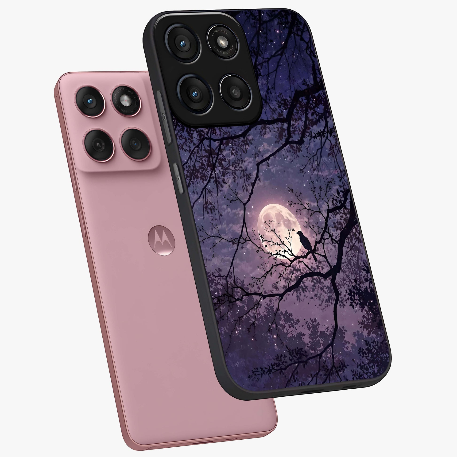 Whispering Moon Silence Glass Case displayed in angled mockup highlighting calm lunar design with dreamy night aesthetic.