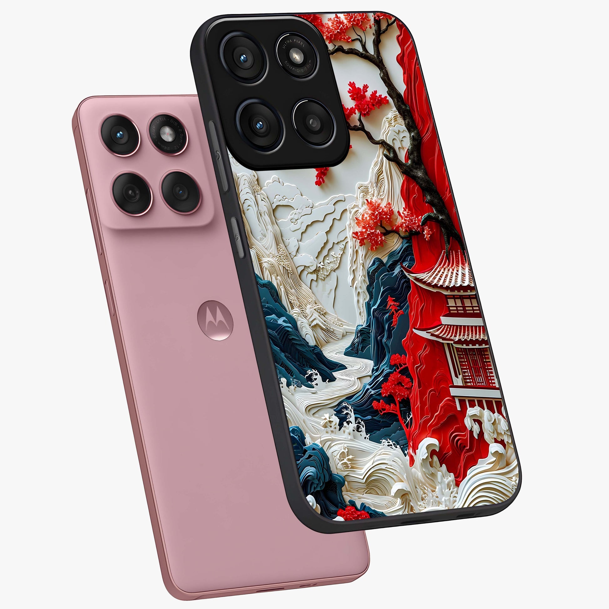 Whispers Of Sakura Waves Glass Case displayed in angled mockup highlighting flowing sakura design with soft floral aesthetic.