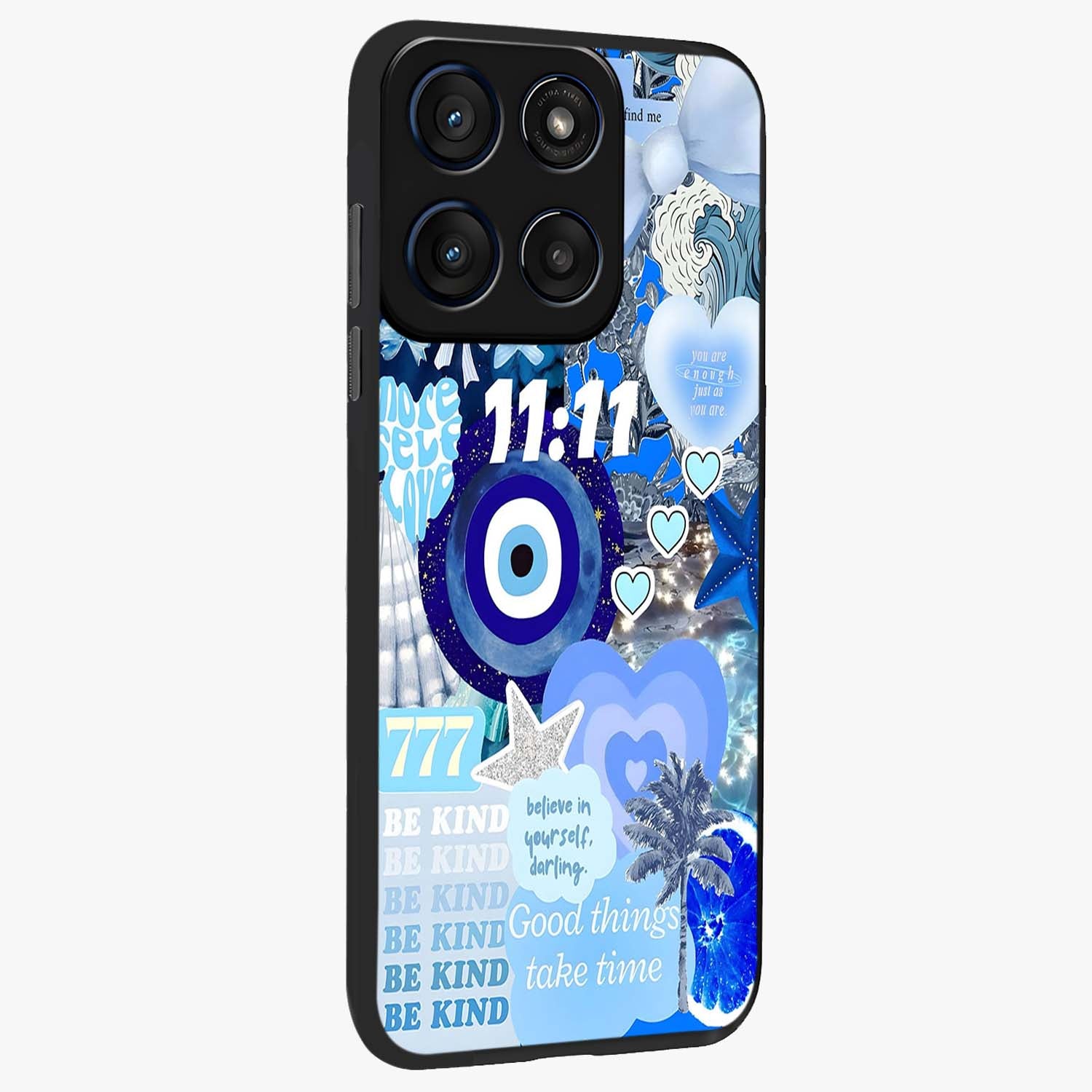 Aesthetic Be Kind Eye Glass Case upright view showcasing stylish eye illustration with positive message theme.