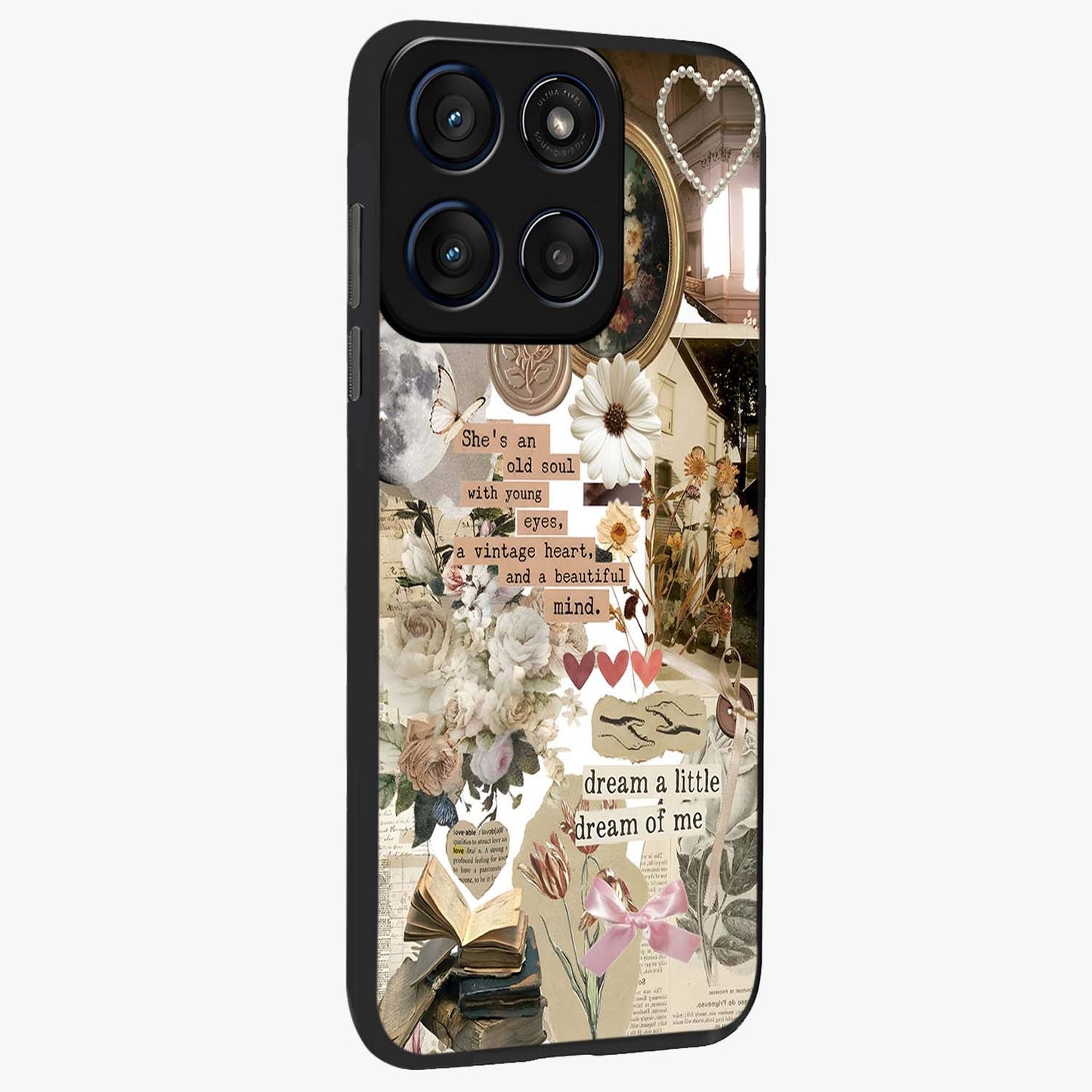 Aesthetic Brown Vintage Collage Glass Case upright view showcasing nostalgic retro artwork with stylish vintage theme.
