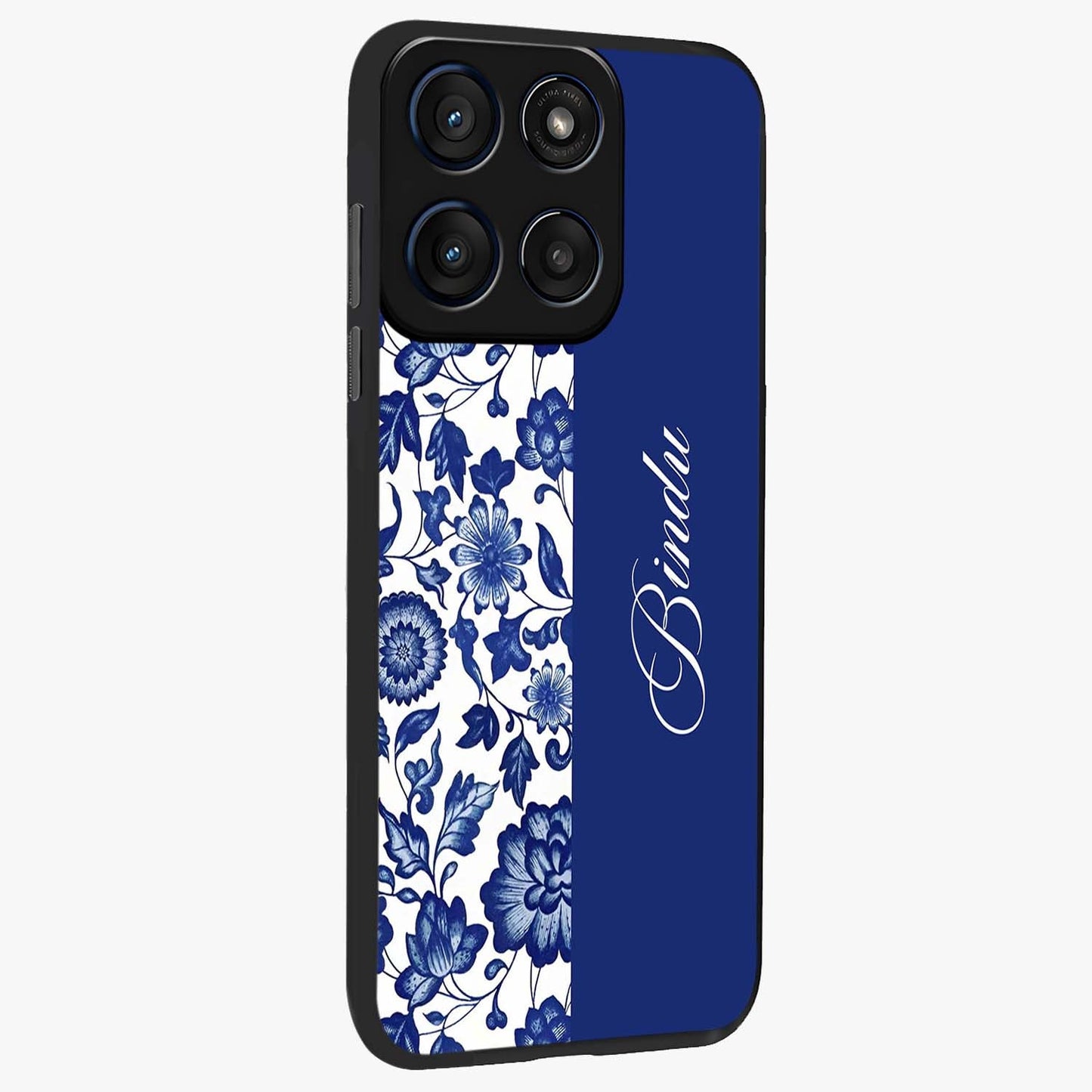 Blue Vintage Floral Pattern Glass Case upright view showcasing delicate blush floral texture with modern minimal style.