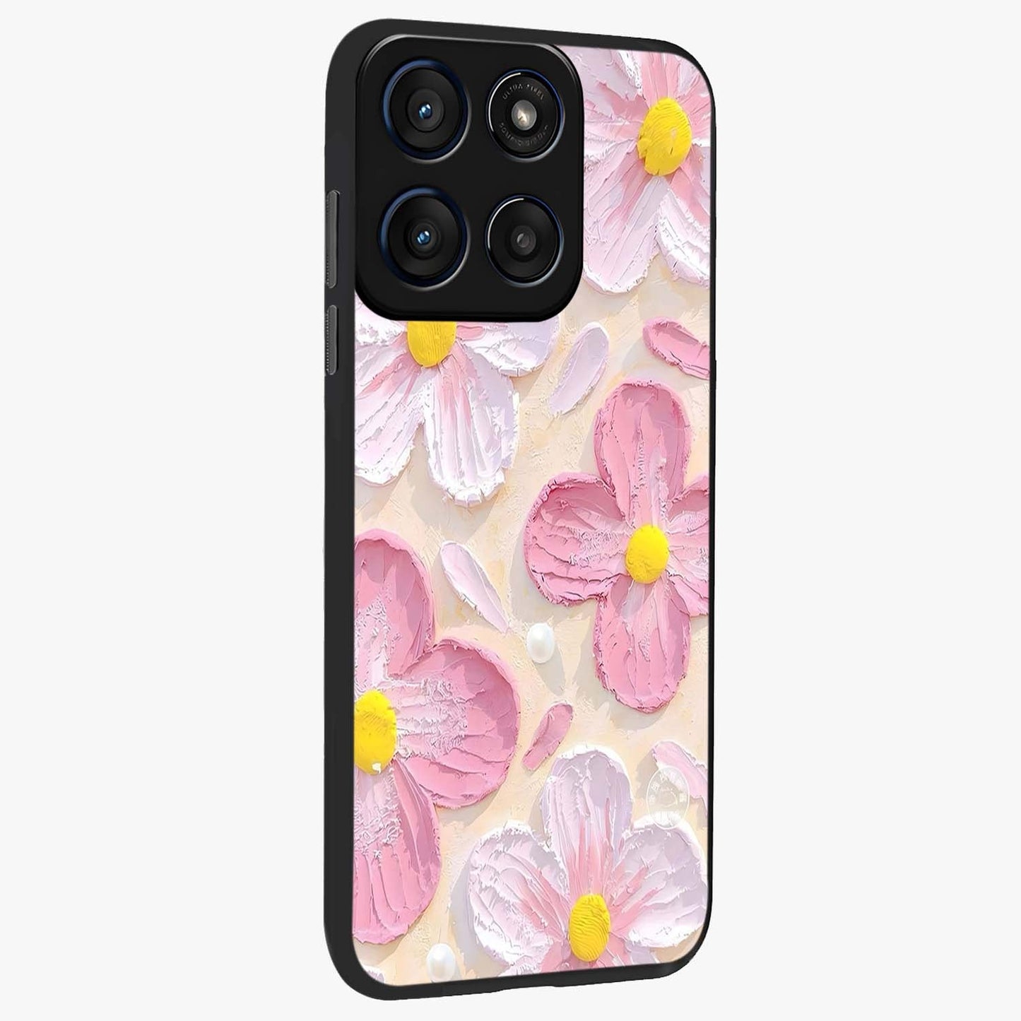 Blush Bloom Texture Glass Case upright view showcasing delicate blush floral texture with modern minimal style.