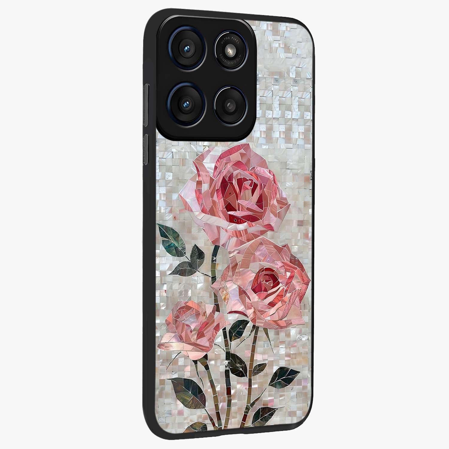 Blush Mosaic Bloom Glass Case upright view showcasing decorative floral mosaic artwork with stylish modern aesthetic.