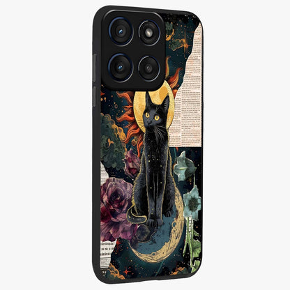 Celestial Black Cat Glass Case upright view showcasing magical black cat illustration with starry cosmic theme.