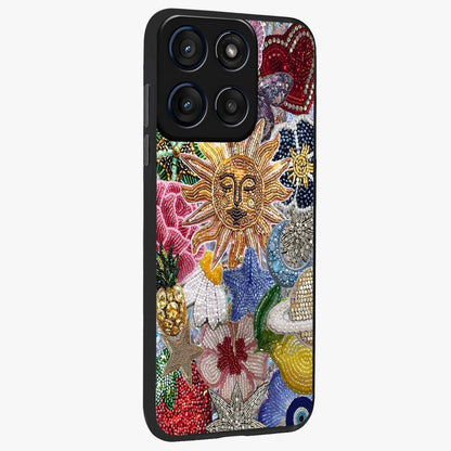 Celestial Floral and Playful Glass Case upright view showcasing whimsical floral artwork with cosmic aesthetic theme.