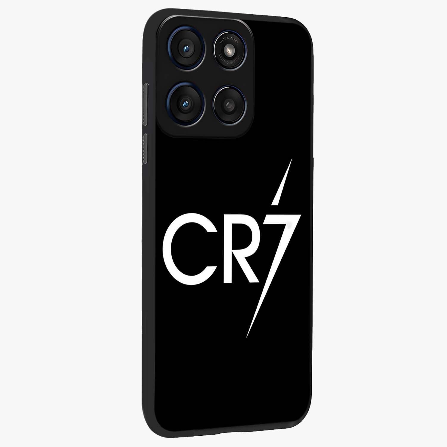Cr7 Elite Strike Glass Case upright view showcasing energetic football inspired design with modern sports aesthetic.