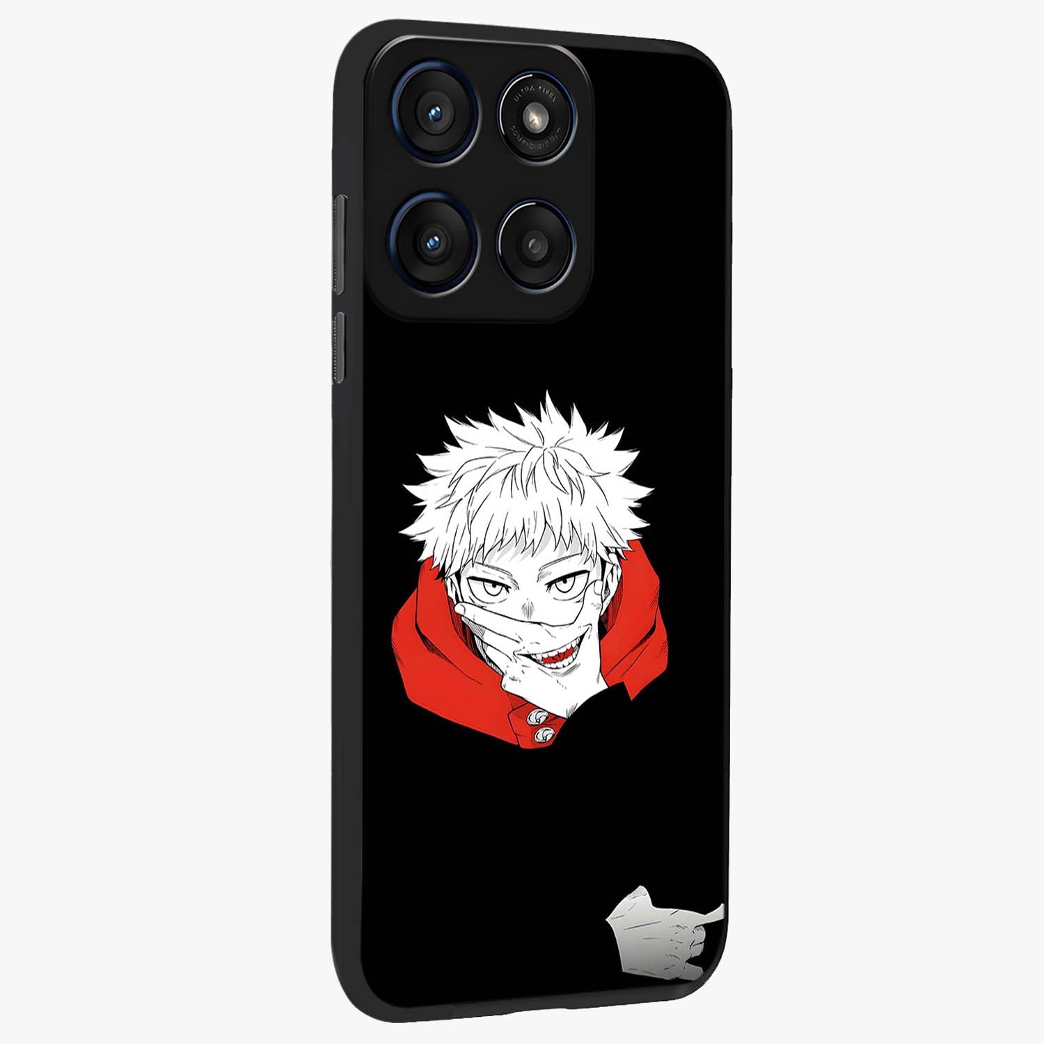 Crimson Chaos Smile Glass Case upright view showcasing expressive chaotic artwork with striking visual theme.