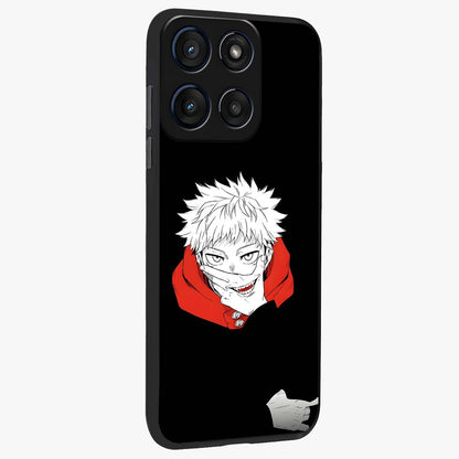 Crimson Chaos Smile Glass Case upright view showcasing expressive chaotic artwork with striking visual theme.