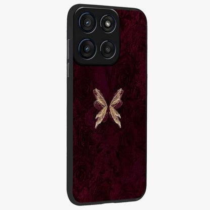 Crimson Fade Butterfly Glass Case upright view showcasing graceful butterfly artwork with soft crimson fade effect.
