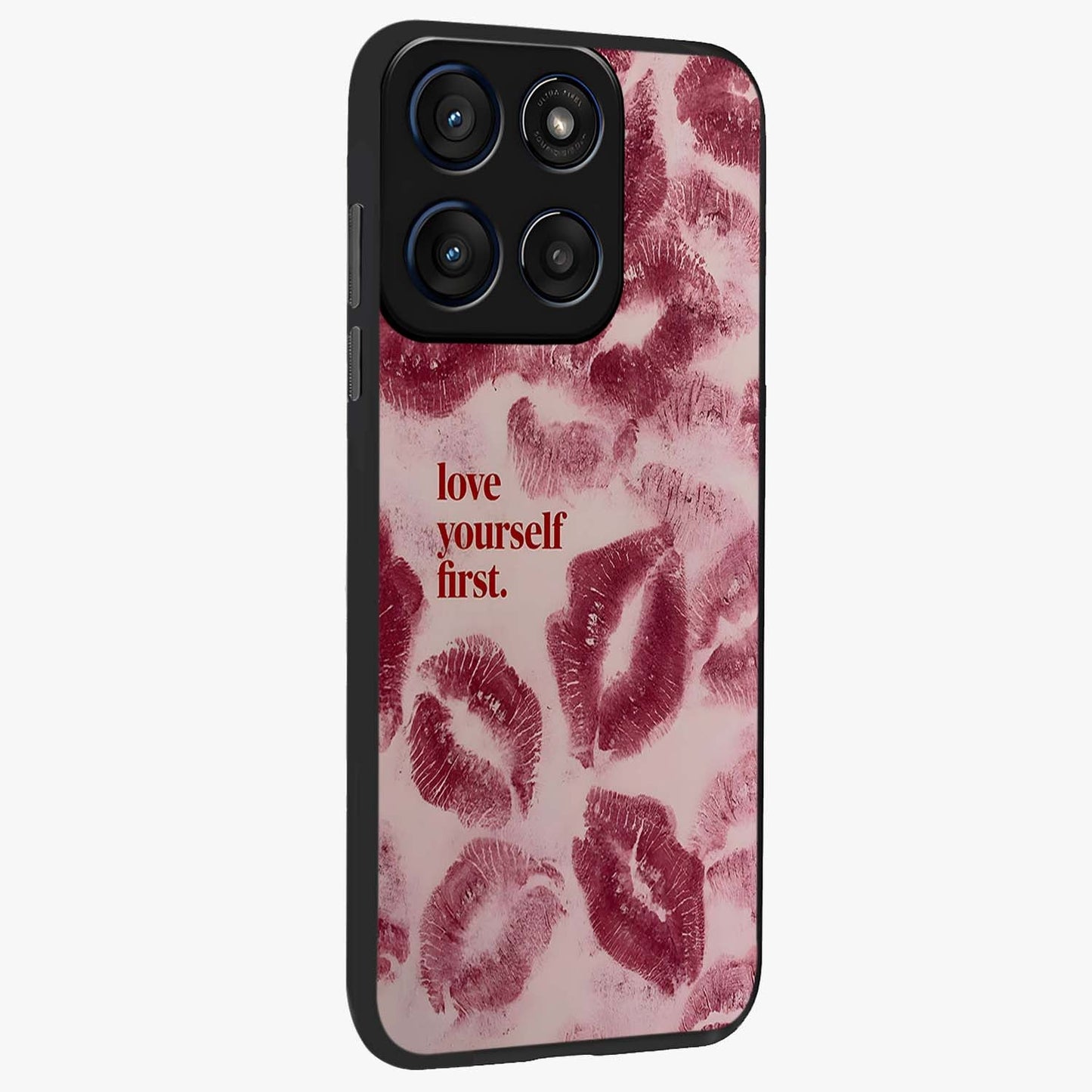 Crimson Kiss Love Glass Case upright view showcasing expressive romantic artwork with deep crimson theme.