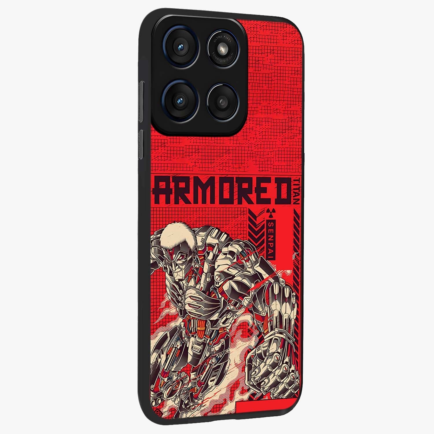 Crimson Mecha Titan Glass Case upright view showcasing dynamic robotic titan design with sci-fi inspired theme.