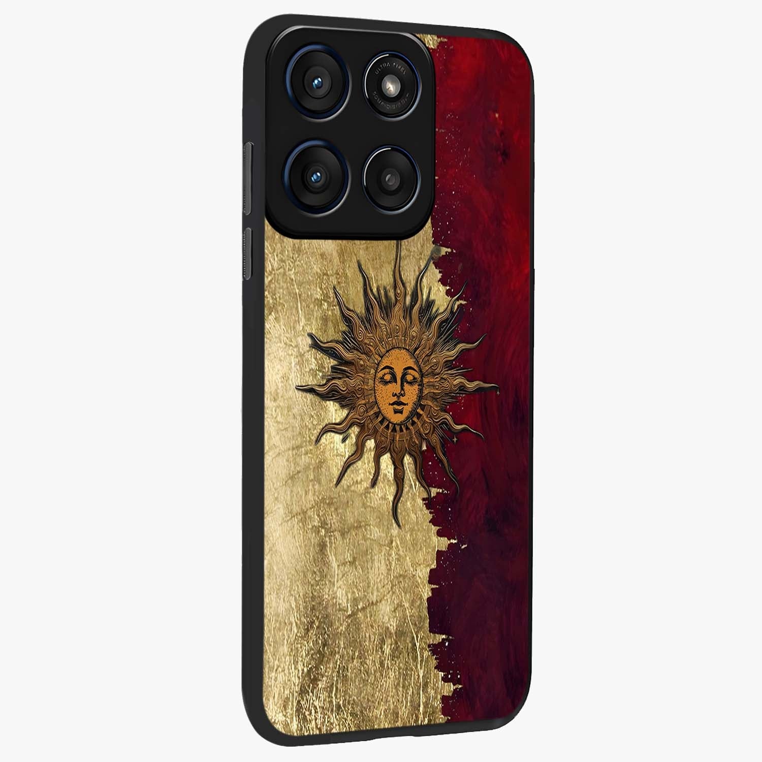 Crimson Sun Majesty Glass Case upright view showcasing vibrant sun artwork with powerful celestial theme.